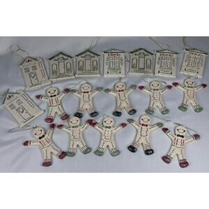 Vintage Sparkly Lot 10 Gingerbread Boy & Girl Christmas Ornaments / Lot 7 Houses